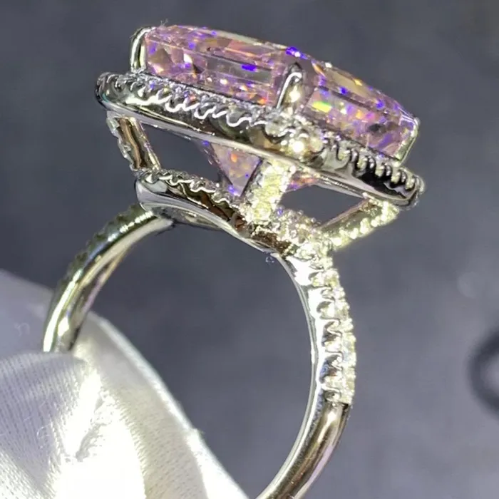 Rings Leyloon Jewelry 8 Carat Pink Radiant Cut Halo French Pave VVS Moissanite Ring