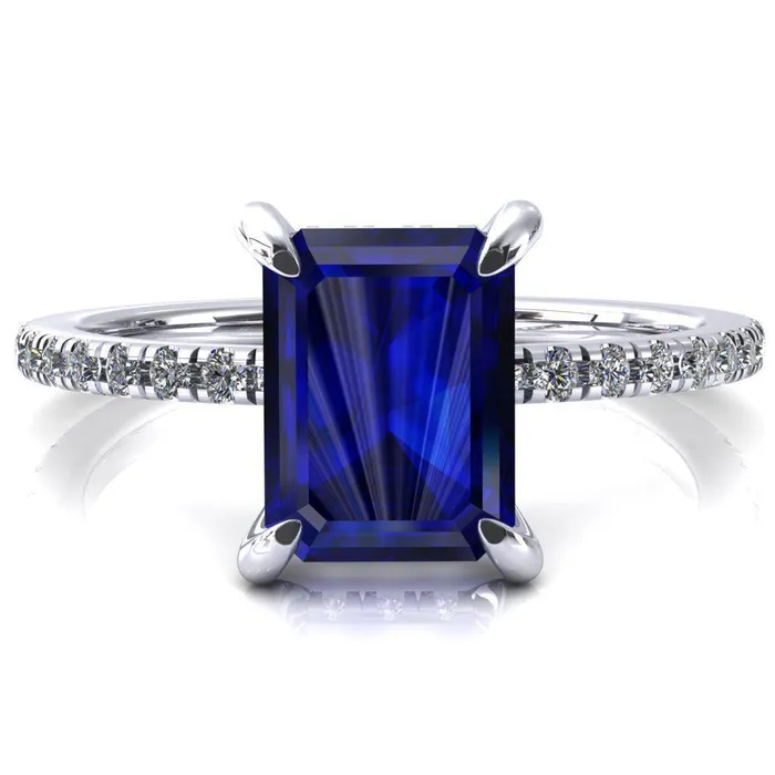 Fire Brilliance Rings Mayeli Emerald Blue Sapphire 4 Claw Prong Micro Pave Diamond Sides Engagement Ring Fire Brilliance Rings Mayeli Emerald Blue Sapphire 4 Claw Prong Micro Pave Diamond Sides Engagement Ring