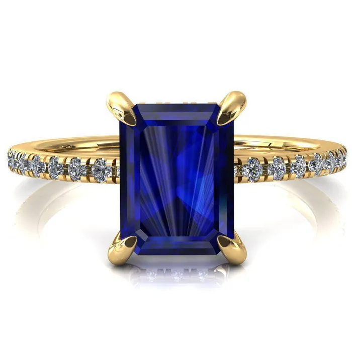 Fire Brilliance Rings Mayeli Emerald Blue Sapphire 4 Claw Prong Micro Pave Diamond Sides Engagement Ring