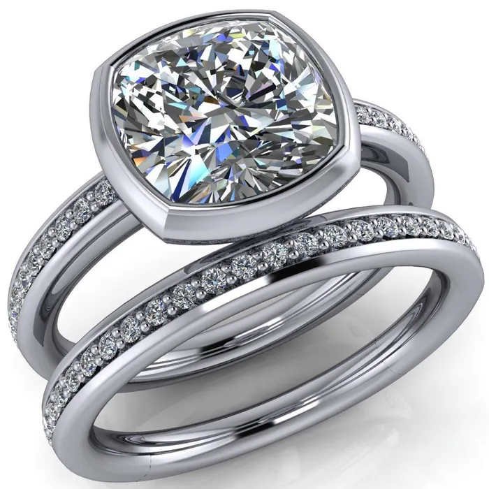 Fire Brilliance Rings Primrose Cushion Center Stone Full Bezel Diamond Channel Ring