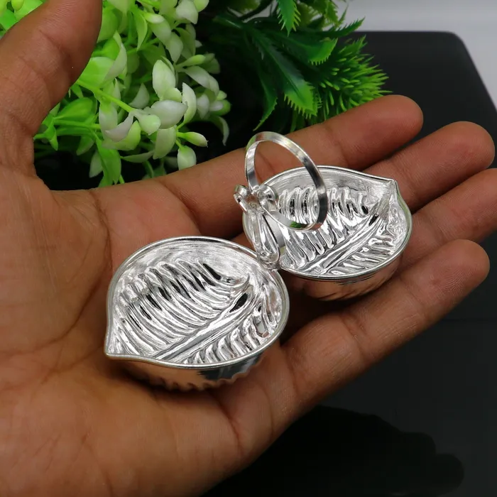 TRIBAL ORNAMENTS Rings Handmade pure 925 sterling silver gorgeous leaf design stylish tilak combo mini bowl tilak patra puja utensils temple article su180
