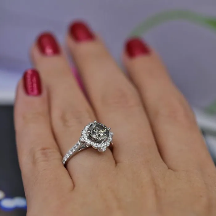 Diamond Source NYC Rings GIA Certified Unique Halo Diamond Engagement Ring Set in 18K White Gold 134ct tw Fancy Dark Gray Round Brilliant Natural Diamonds