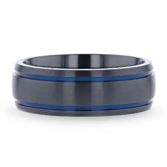 Domed Black Titanium Brushed Finish 8mm Band with Blue Grooves Mens Bands Rings Domed Black Titanium Brushed Finish 8mm Band with Blue Grooves Mens Bands Rings