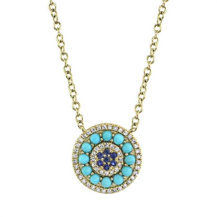 Meierotto Jewelers Necklaces 14K Yellow Gold Necklace with Round Sapphire Composite Turquoise with Diamond Halo Meierotto Jewelers Necklaces 14K Yellow Gold Necklace with Round Sapphire Composite Turquoise with Diamond Halo
