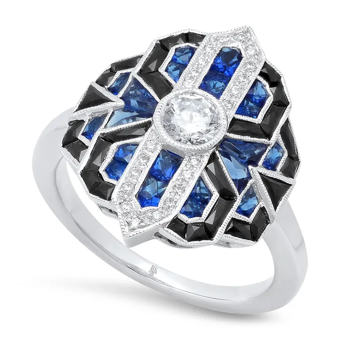 Meierotto Jewelers Rings 18K White Gold Art Deco Ring with Diamonds Sapphires and Black Onyx Meierotto Jewelers Rings 18K White Gold Art Deco Ring with Diamonds Sapphires and Black Onyx