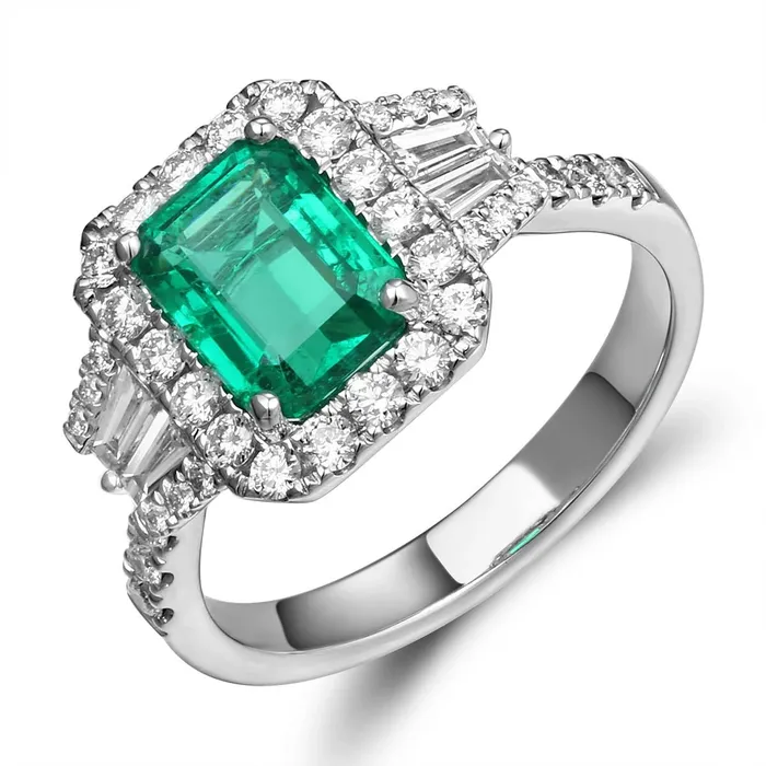 Rings 18K White Gold Emerald Cut Emerald Ring with Halo and Tapered Baguettes and Round Diamonds Meierotto Jewelers Rings 18K White Gold Emerald Cut Emerald Ring with Halo and Tapered Baguettes and Round Diamonds Meierotto Jewelers
