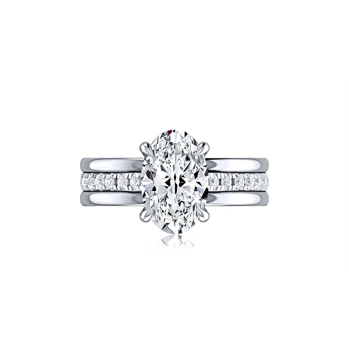 Rings A Jaffe 14K White Gold Wide Semi Mount Oval Ring with Hidden Diamond Halo and Diamonds in Center of Shank A Jaffe Rings A Jaffe 14K White Gold Wide Semi Mount Oval Ring with Hidden Diamond Halo and Diamonds in Center of Shank A Jaffe