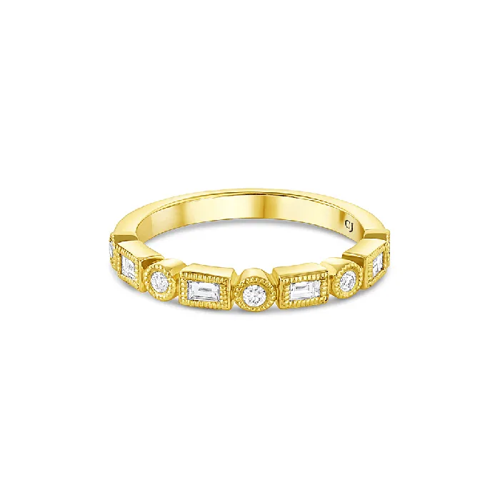 Rings CJ Charles Jewelers 18k Yellow Gold Baguette and Round Diamond Halfway Band