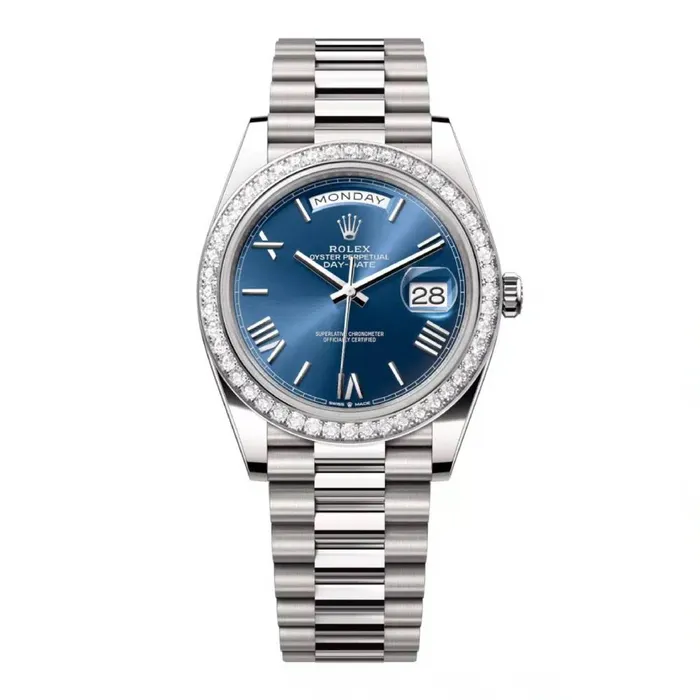 Rolex Bracelets Rolex Day Date 40mm Ref 228349rbr0005 Blue Roman Dial Diamond Bezel 18K White Gold President Bracelet Mens Watch Rolex Bracelets Rolex Day Date 40mm Ref 228349rbr0005 Blue Roman Dial Diamond Bezel 18K White Gold President Bracelet Mens Watch