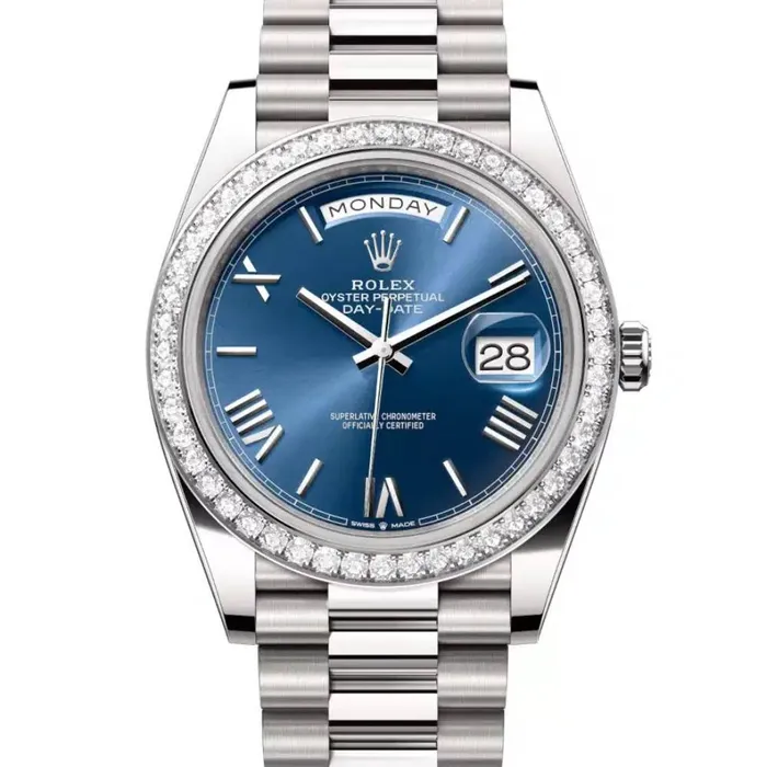 Rolex Bracelets Rolex Day Date 40mm Ref 228349rbr0005 Blue Roman Dial Diamond Bezel 18K White Gold President Bracelet Mens Watch