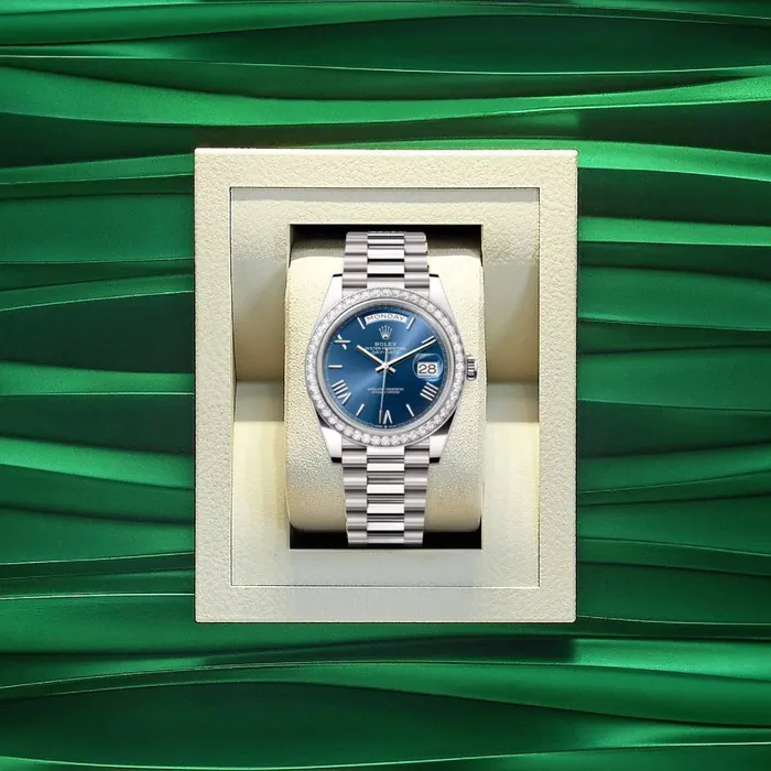 Rolex Bracelets Rolex Day Date 40mm Ref 228349rbr0005 Blue Roman Dial Diamond Bezel 18K White Gold President Bracelet Mens Watch