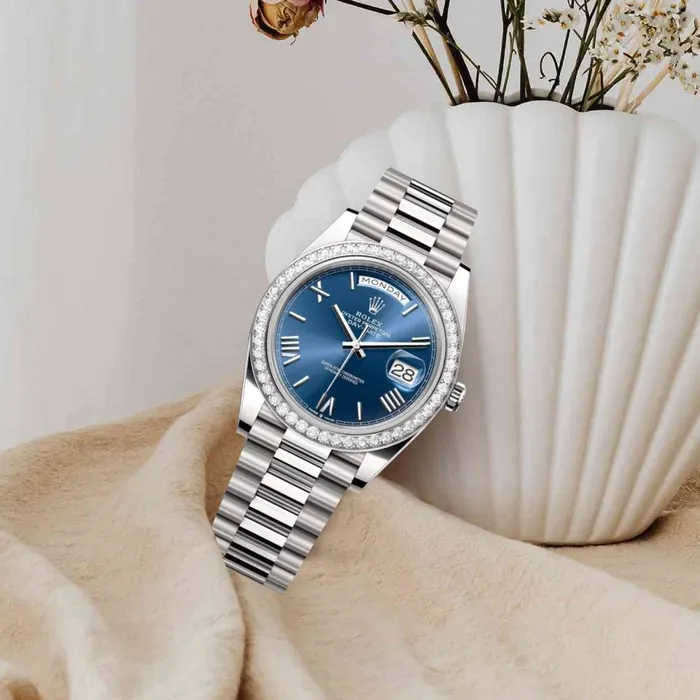 Rolex Bracelets Rolex Day Date 40mm Ref 228349rbr0005 Blue Roman Dial Diamond Bezel 18K White Gold President Bracelet Mens Watch