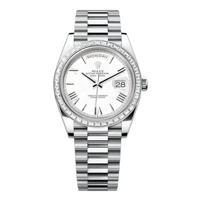 Rolex Day Date 40mm Ref 228396tbr0018 White Roman Dial Diamond Bezel Platinum President Bracelet Mens Watch Rolex Bracelets Rolex Day Date 40mm Ref 228396tbr0018 White Roman Dial Diamond Bezel Platinum President Bracelet Mens Watch Rolex Bracelets
