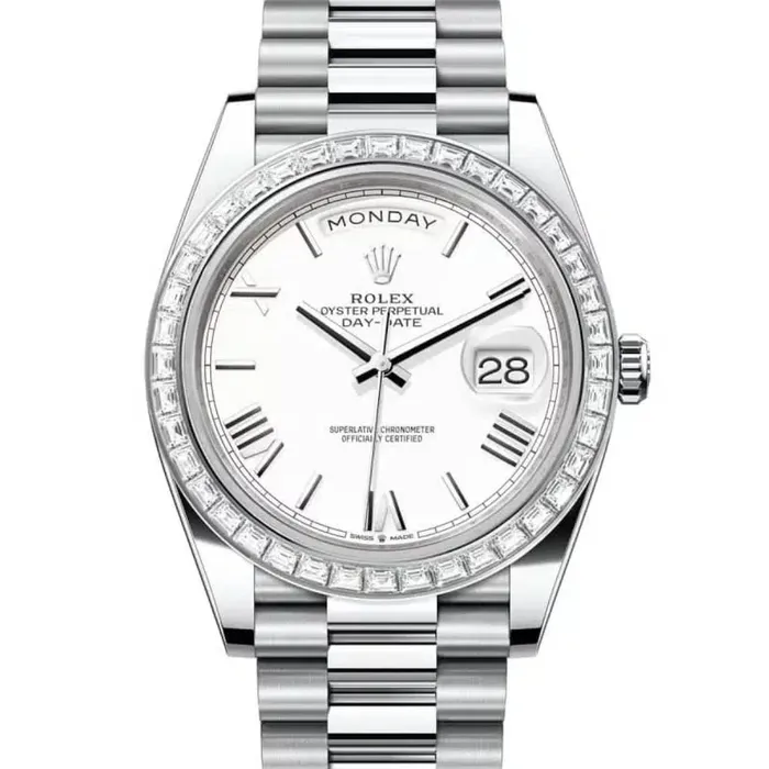 Rolex Day Date 40mm Ref 228396tbr0018 White Roman Dial Diamond Bezel Platinum President Bracelet Mens Watch Rolex Bracelets