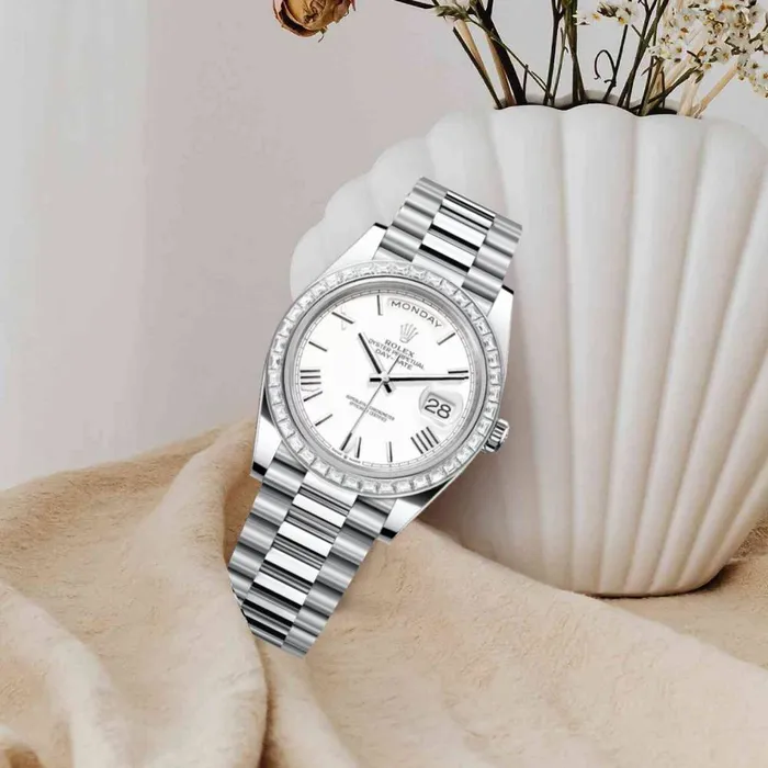 Rolex Day Date 40mm Ref 228396tbr0018 White Roman Dial Diamond Bezel Platinum President Bracelet Mens Watch Rolex Bracelets