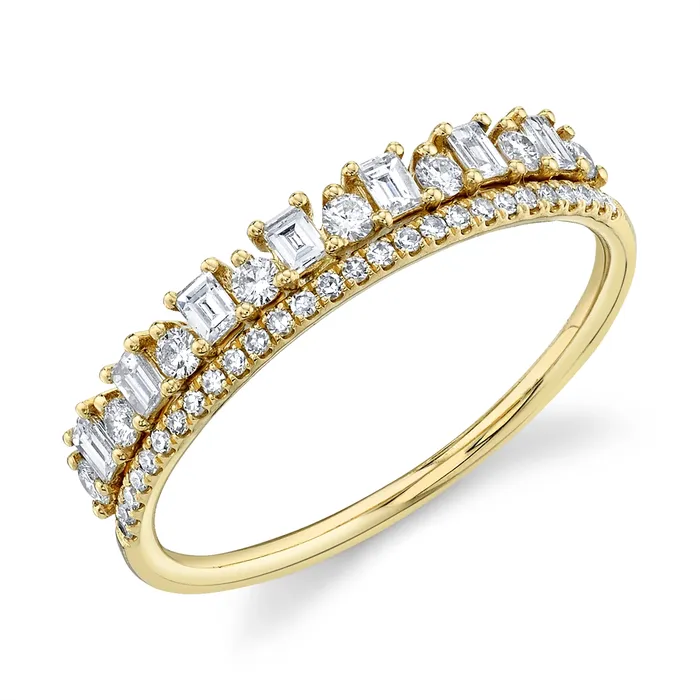 Wedding Bands Rings 14K Yellow Gold Double Layer Band Round Alternating Baguettes Rounds Wedding Bands Rings 14K Yellow Gold Double Layer Band Round Alternating Baguettes Rounds