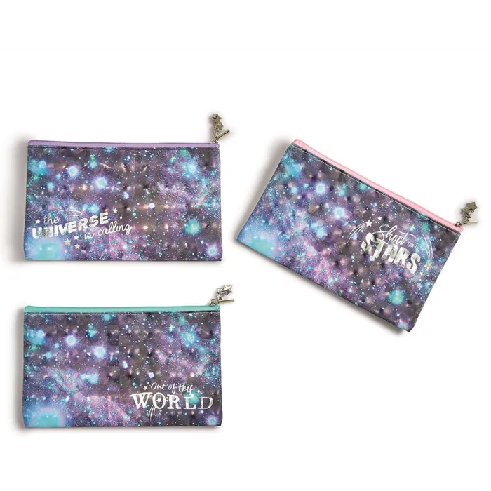 Charm Necklaces Twos Company Multipurpose Zippered Bag w Sliver Metallic Print Stars Charm Asst 3 Designs