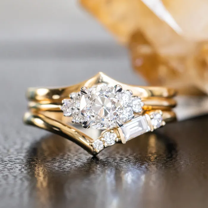095ct Antique Old Euro cut Diamond and White Diamond Cluster ring in 14k Yellow Gold Anueva Jewelry Rings