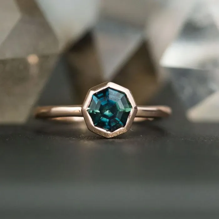 141ct Bezel Set Octagon Unheated Sapphire Ring in 14k Rose Gold Anueva Jewelry Rings