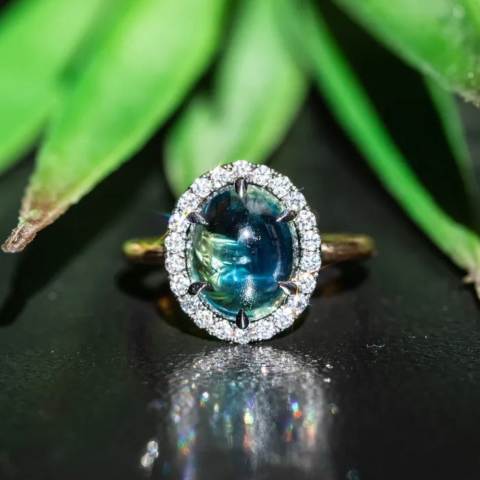 448ct Oval Cabochon Parti Sapphire and Antiqued Diamond Halo ring in 18k Yellow Gold Anueva Jewelry Rings