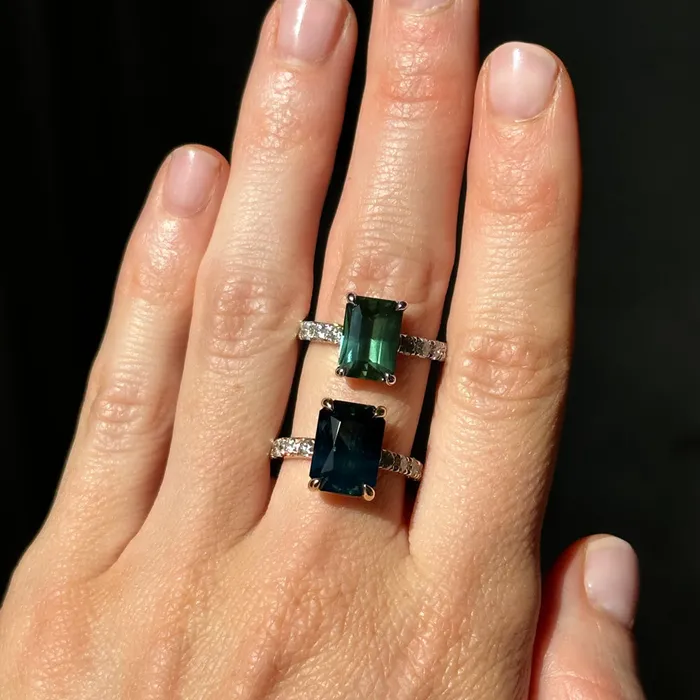 Rings 612ct Deep Teal Blue Madagascar Radiant Cut Sapphire Solitaire Ring with French Set Diamonds in 18k Yellow Gold Anueva Jewelry