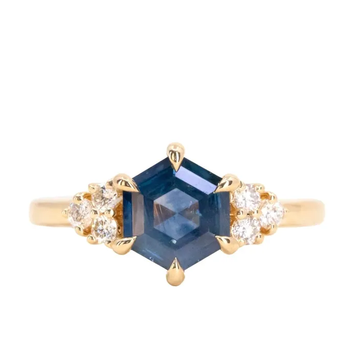 Rings Anueva Jewelry 145ct Hexagon Silky Blue Montana Sapphire and Diamond Cluster Ring in 18k Yellow Gold