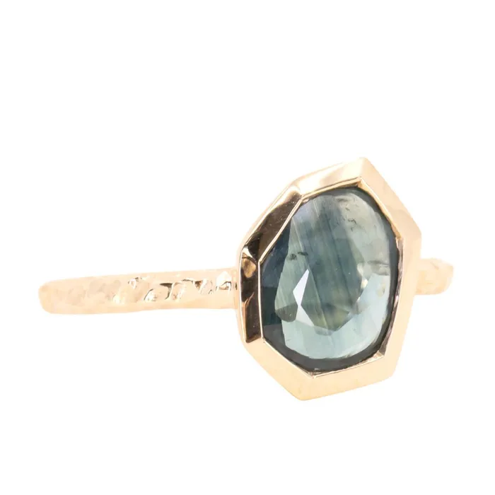 Rings Discovery Gems 154ct Geo Slice TealBlue Sapphire Evergreen Low Profile Bezel Solitaire Ring in 14k Yellow Gold