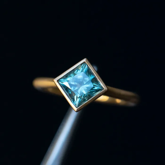 Rings Obsessed Over Gems 217ct Princess Cut Teal Montana Sapphire Contemporary Bezel Set Ring in 18k Yellow Gold
