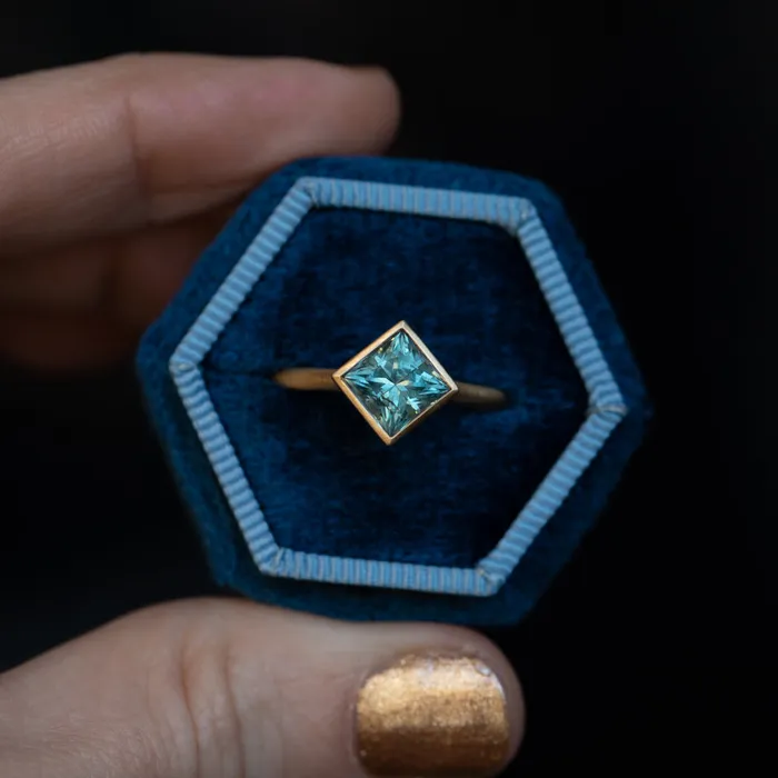 Rings Obsessed Over Gems 217ct Princess Cut Teal Montana Sapphire Contemporary Bezel Set Ring in 18k Yellow Gold