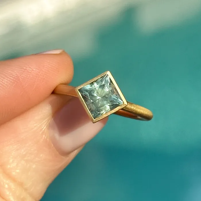 Rings Obsessed Over Gems 217ct Princess Cut Teal Montana Sapphire Contemporary Bezel Set Ring in 18k Yellow Gold