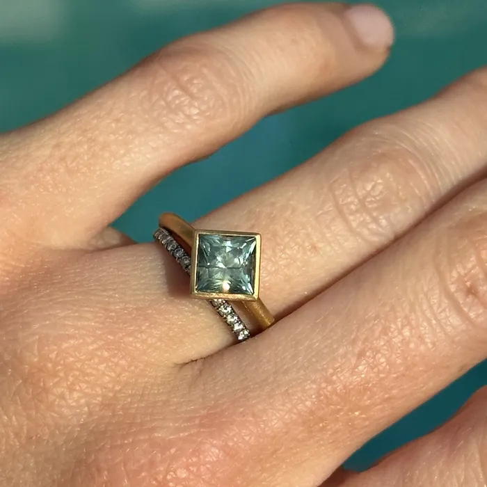 Rings Obsessed Over Gems 217ct Princess Cut Teal Montana Sapphire Contemporary Bezel Set Ring in 18k Yellow Gold