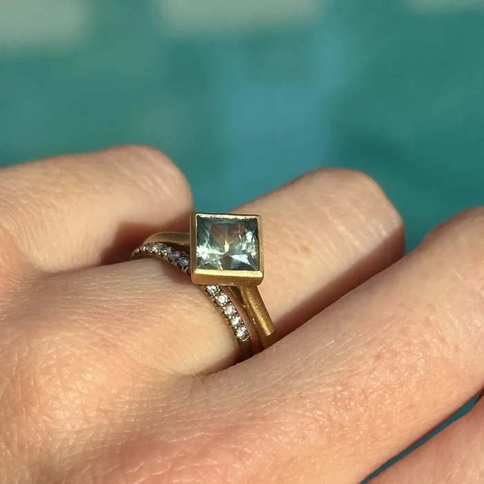 Rings Obsessed Over Gems 217ct Princess Cut Teal Montana Sapphire Contemporary Bezel Set Ring in 18k Yellow Gold